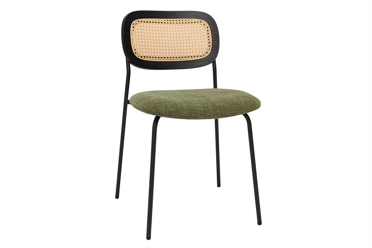 Chaises design en tissu effet velours textur vert kaki, mtal noir et cannage rotin (lot de 2) MIRANDA