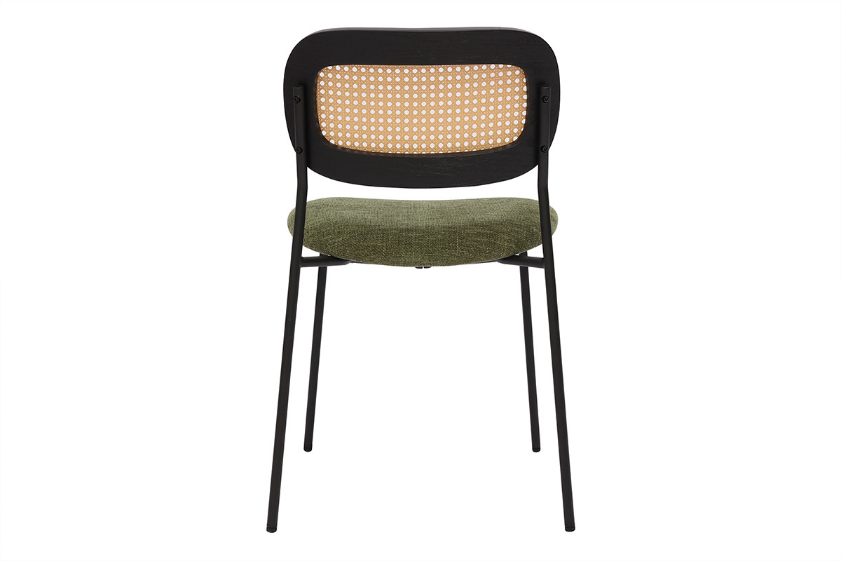 Chaises design en tissu effet velours textur vert kaki, mtal noir et cannage rotin (lot de 2) MIRANDA