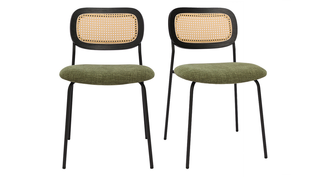 Chaises design en tissu effet velours textur vert kaki, mtal noir et cannage rotin (lot de 2) MIRANDA