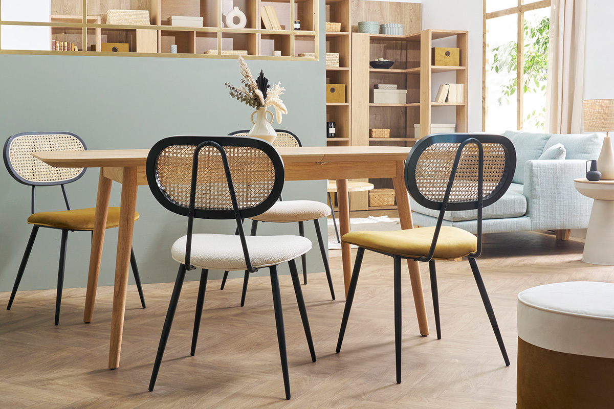 Chaises design en tissu velours bronze, mtal noir et cannage rotin naturel (lot de 2) TOLMA