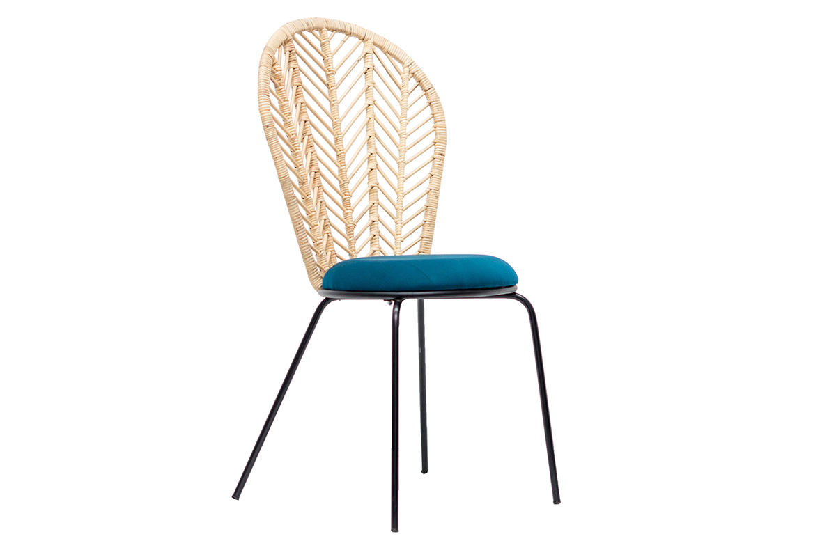 Chaises en rotin, tissu bleu ptrole et mtal noir (lot de 2) PEACOCK