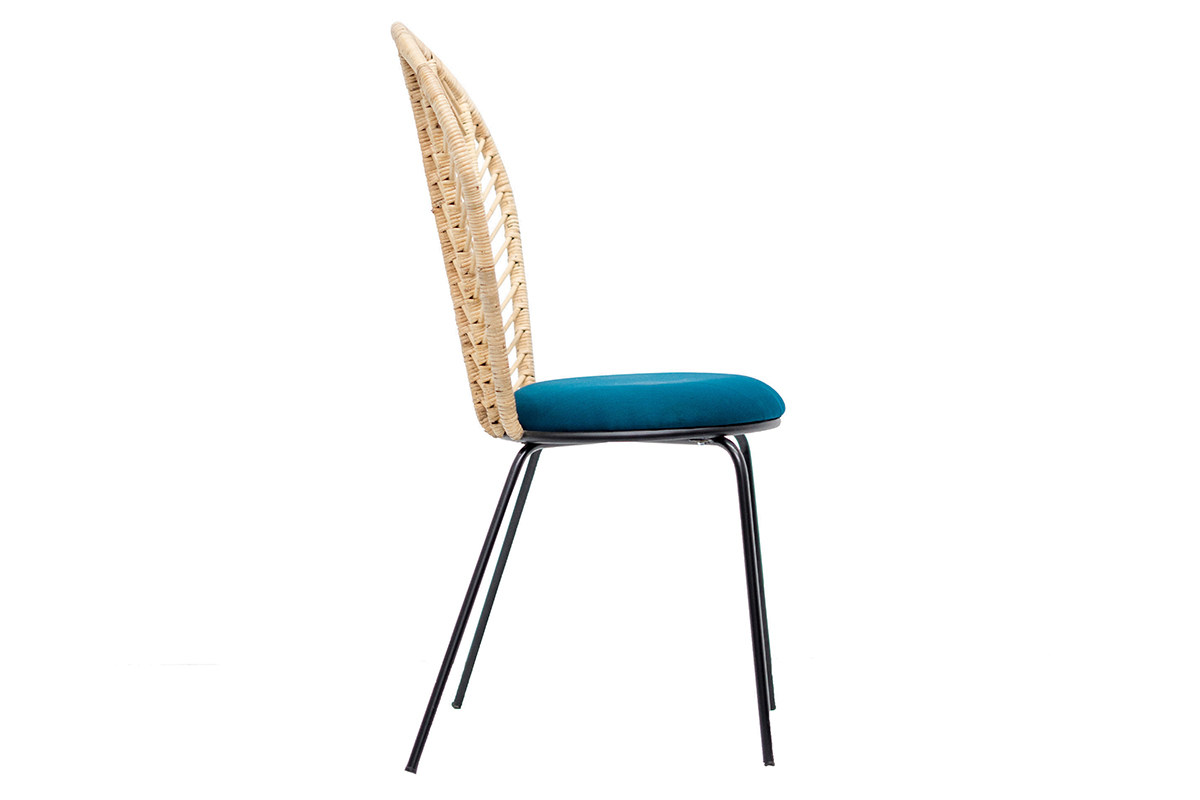 Chaises en rotin, tissu bleu ptrole et mtal noir (lot de 2) PEACOCK