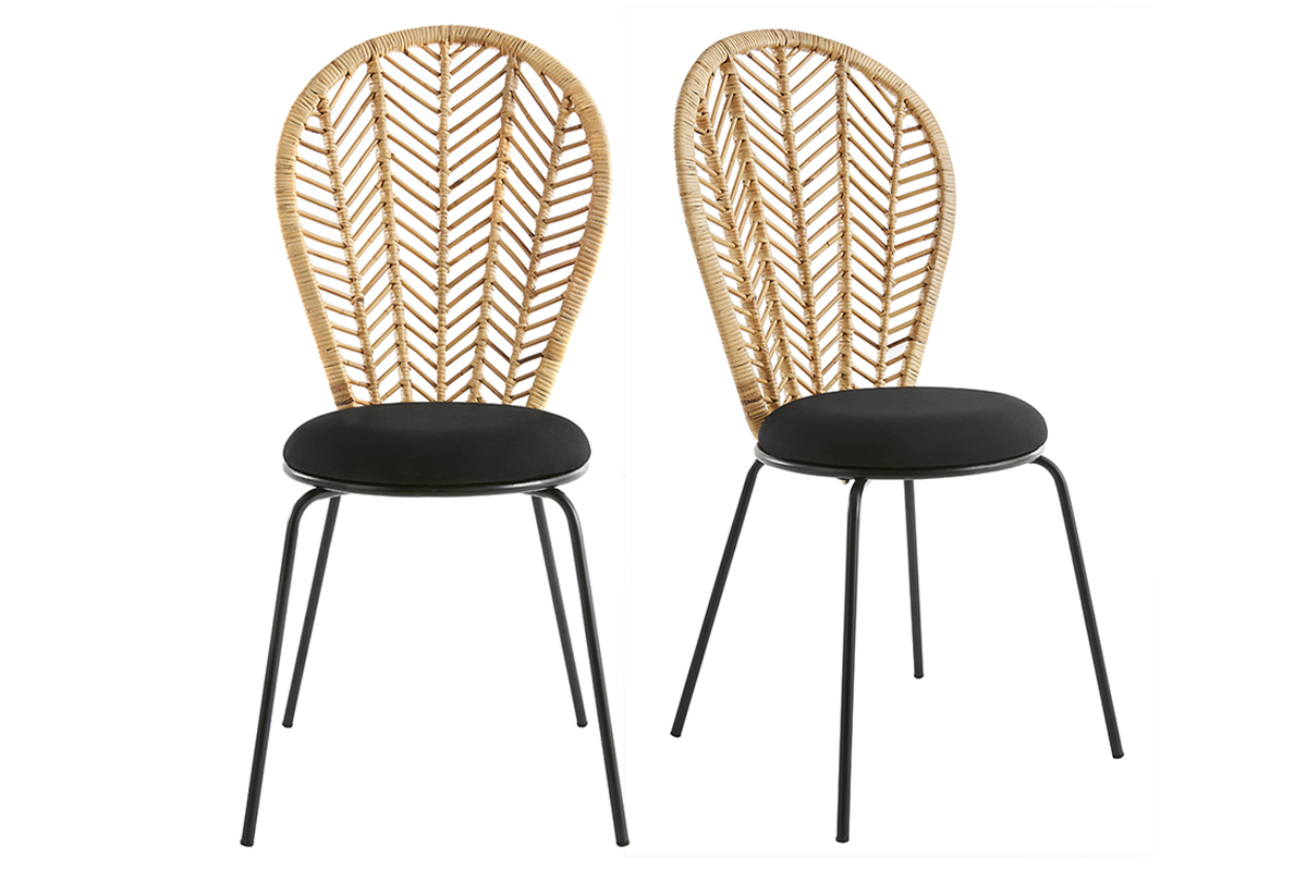 Chaises en rotin, tissu et mtal noir (lot de 2) PEACOCK