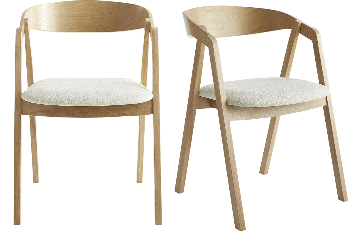 Chaises scandinaves empilables en bois clair chne et tissu effet laine boucle blanc cass (lot de 2) LOVA