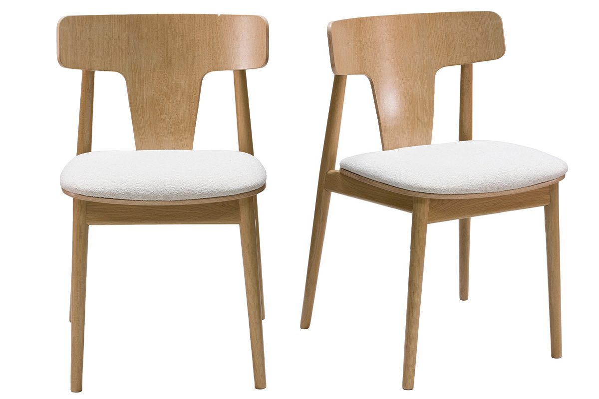 Chaises scandinaves en bois clair chne massif et tissu effet laine boucle blanc cass (lot de 2) LOUISA