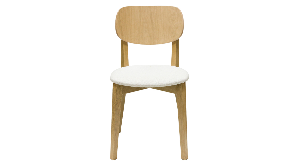 Chaises vintage en bois clair chne et tissu effet laine boucle blanc (lot de 2) LUCIA