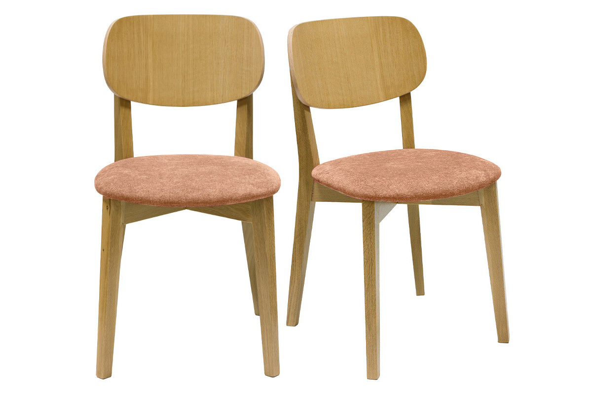 Chaises vintage en bois clair chne et tissu effet velours terracotta (lot de 2) LUCIA