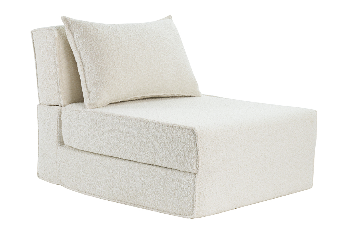 Chauffeuse 1 place convertible en tissu effet laine boucle blanc VICTOR