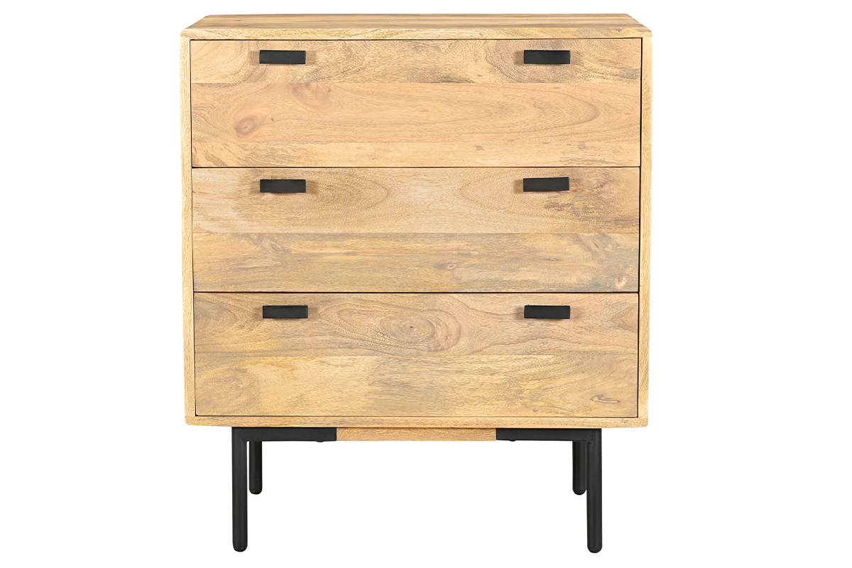 Commode en bois manguier massif et mtal noir 3 tiroirs L70 cm JUDE