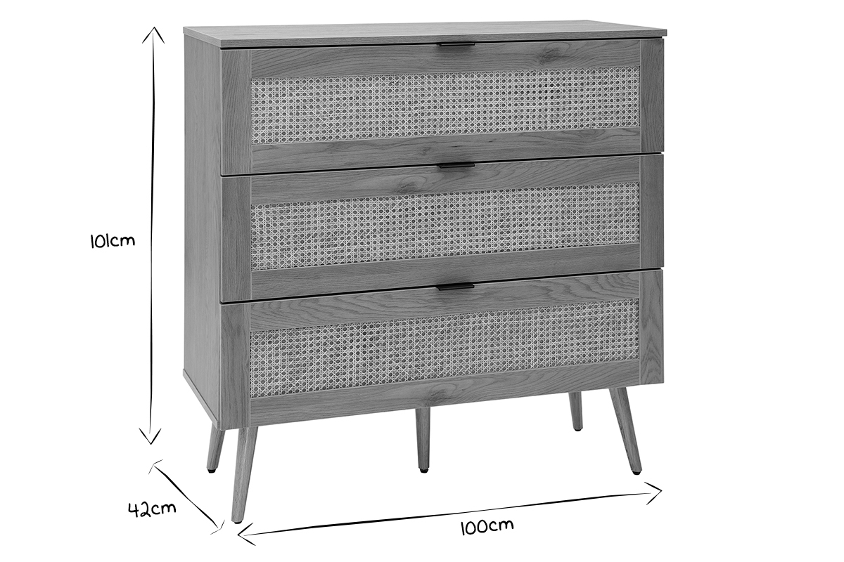 Commode finition bois clair, cannage en rotin et mtal noir 3 tiroirs L100 cm MANILLE