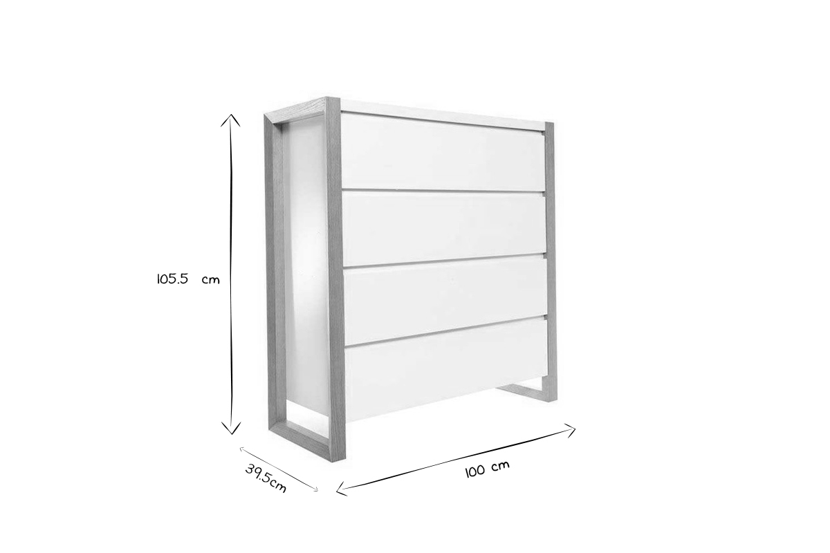 Commode scandinave blanche et bois clair frne massif 4 tiroirs L100 cm ARMEL