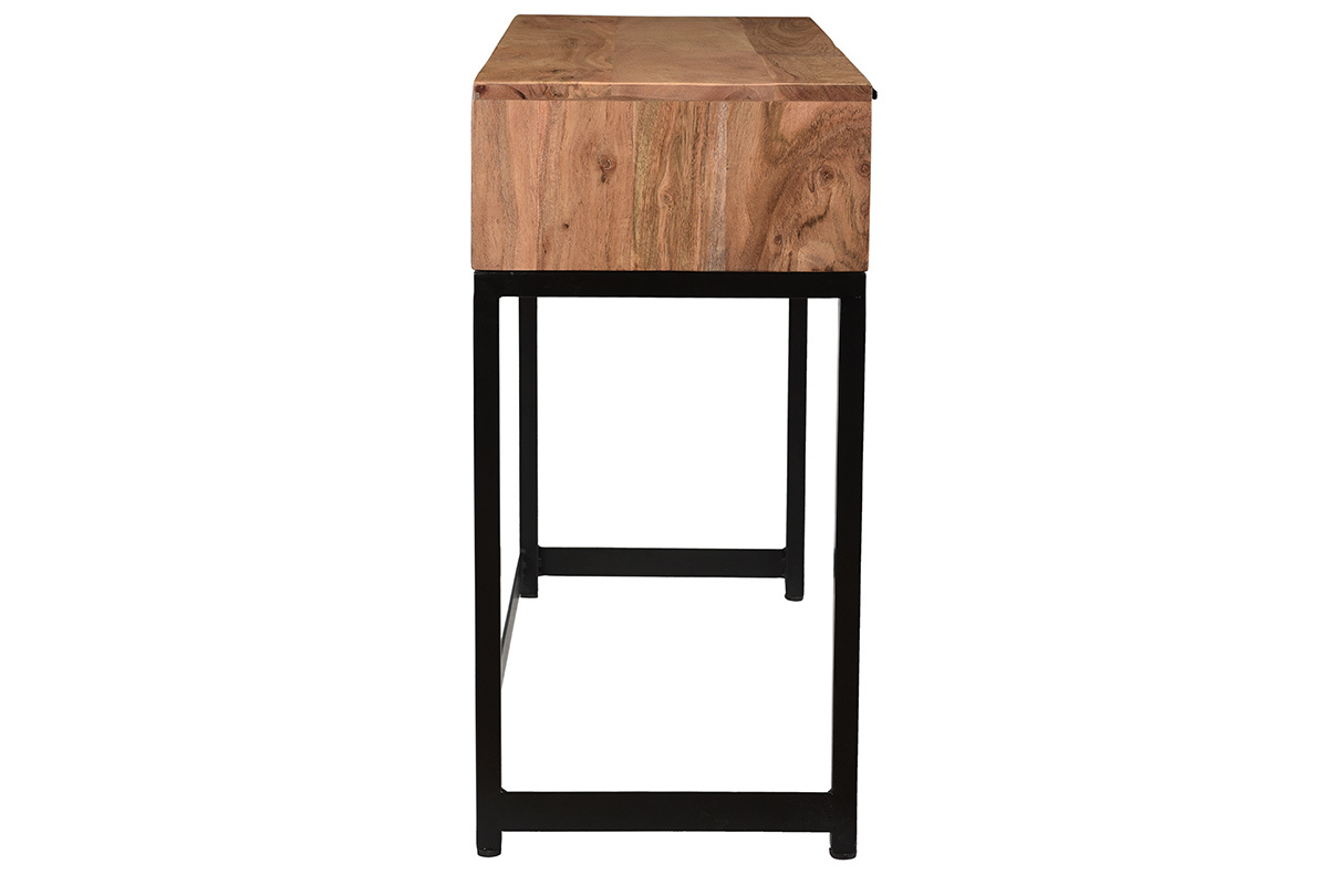 Console avec rangement 2 tiroirs  motifs chevrons en bois massif et mtal noir L100 cm STICK