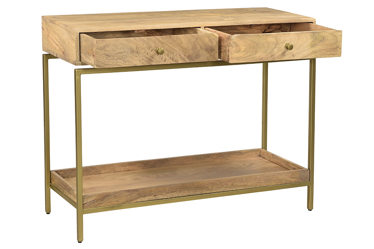 Console avec rangements 2 tiroirs bois manguier massif et mtal dor  L110 cm OCTAVIE