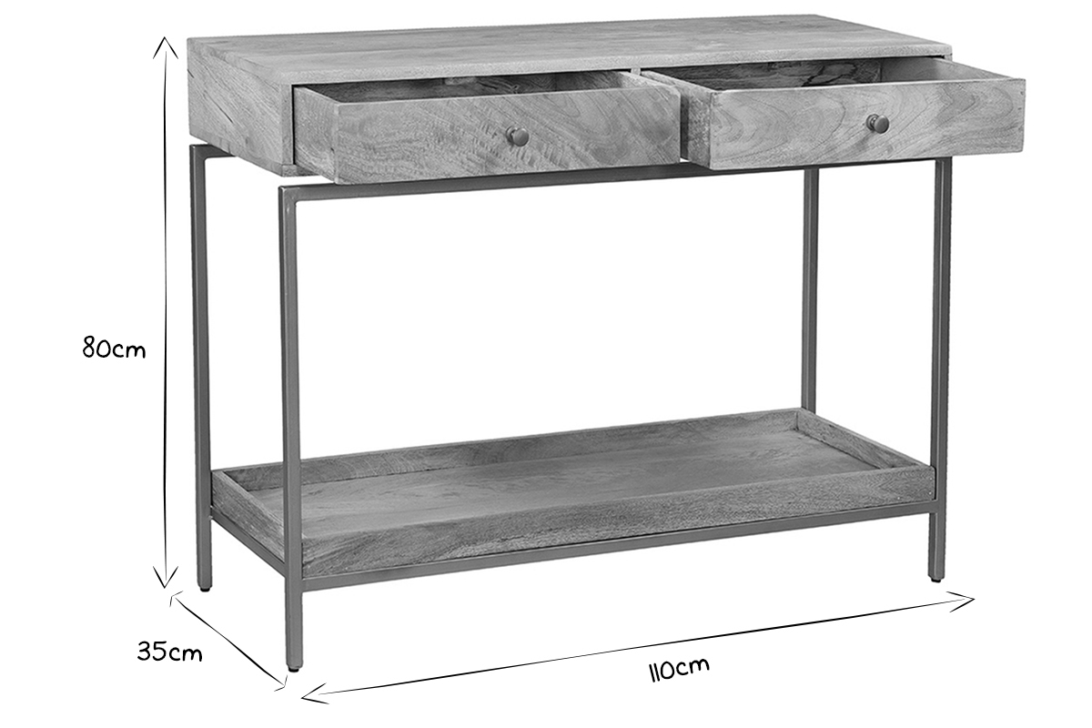 Console avec rangements 2 tiroirs bois manguier massif et mtal dor  L110 cm OCTAVIE