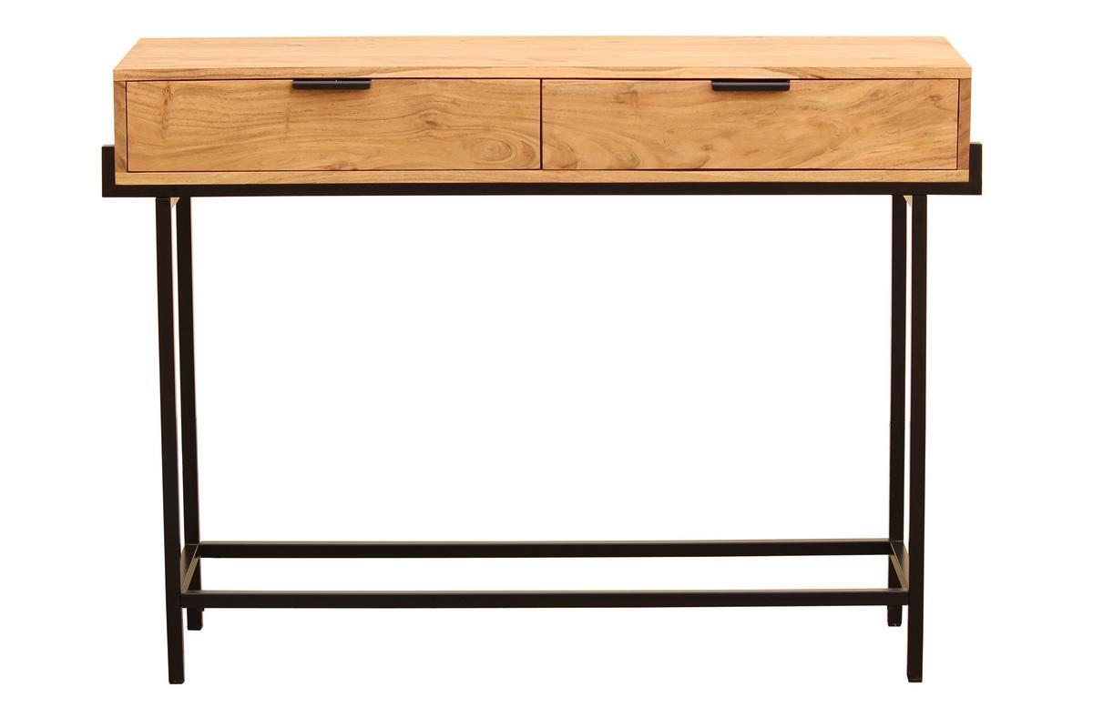 Console avec rangements 2 tiroirs en bois clair massif et mtal noir L110 cm TEMUCO