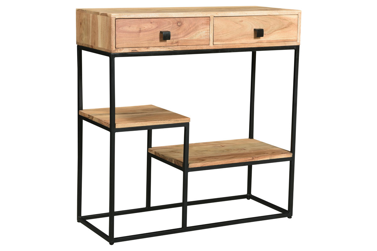 Console avec rangements 2 tiroirs en bois massif et mtal noir L80 cm GRENELLE