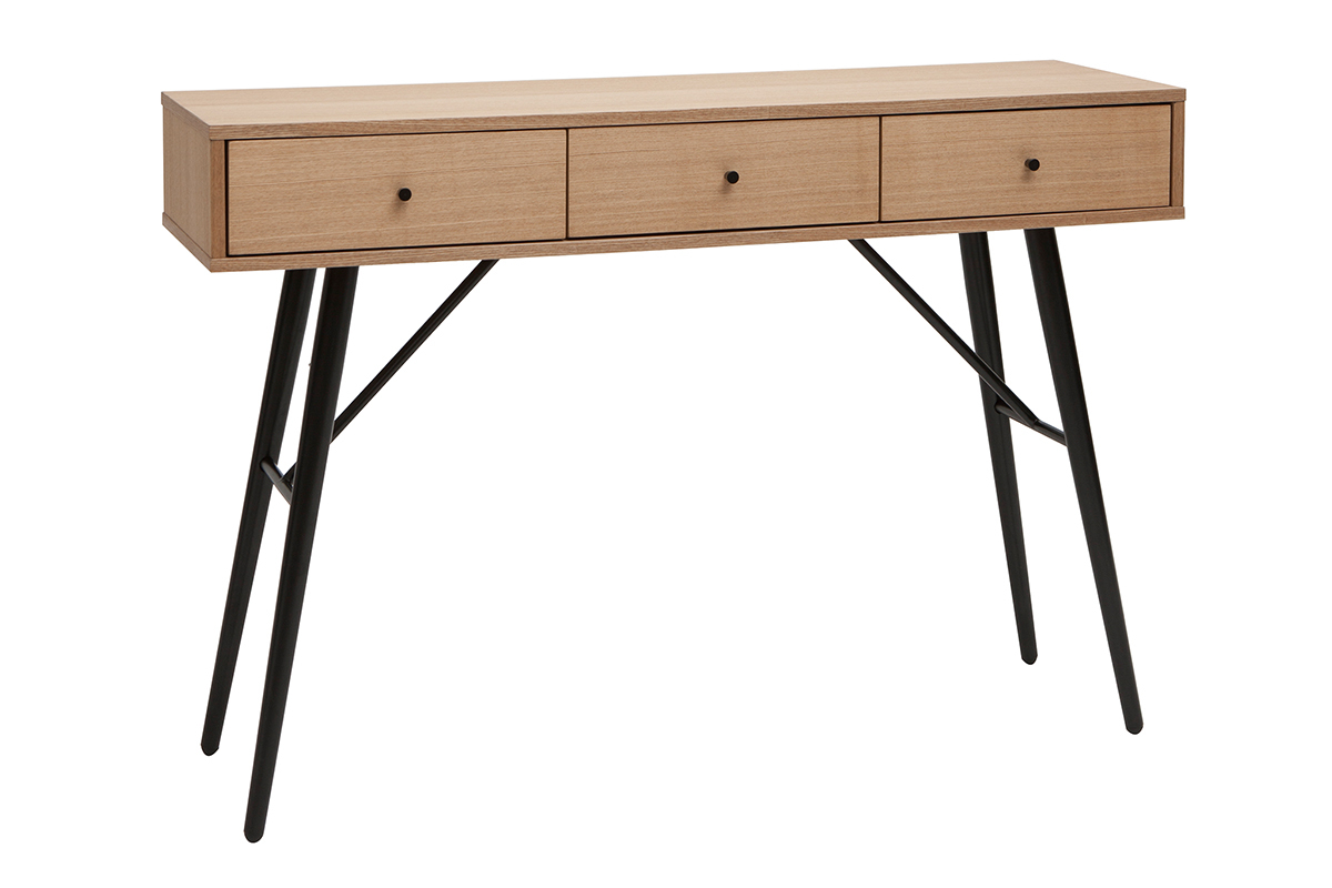 Console avec rangements 3 tiroirs en bois clair et mtal noir L120 cm ALSTORIA