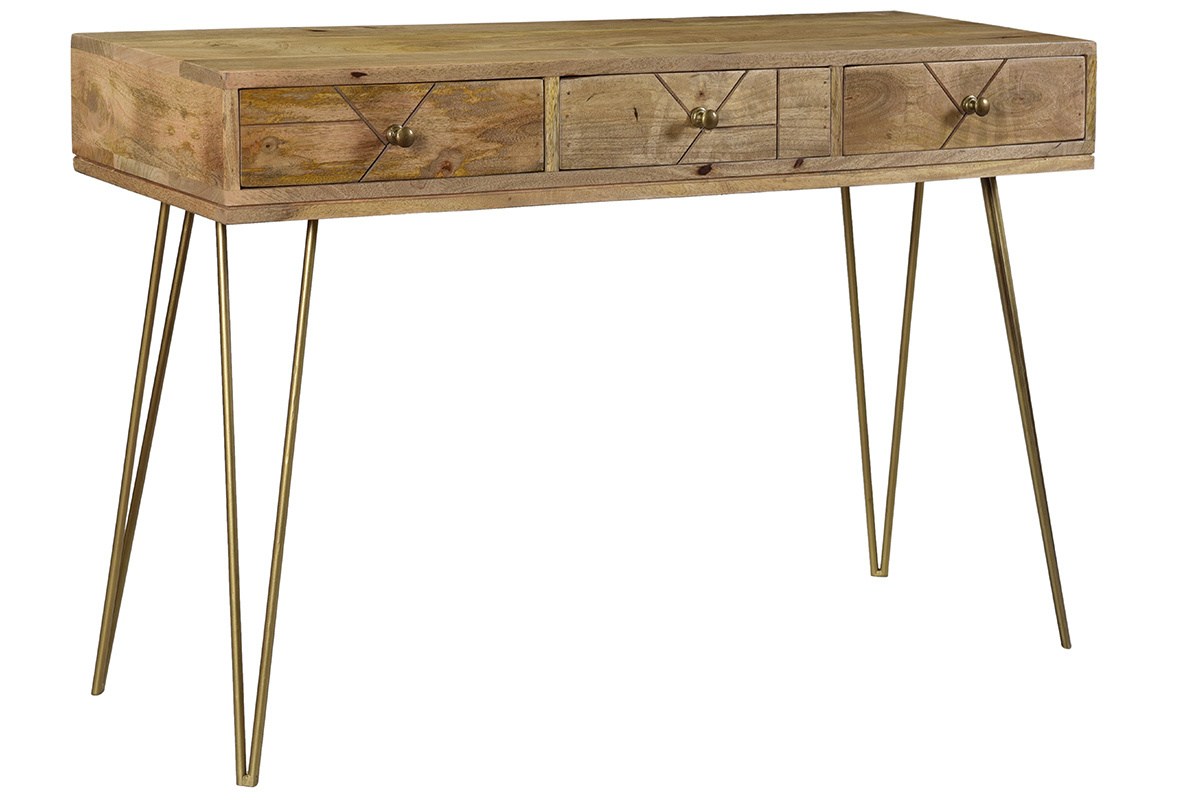 Console avec rangements 3 tiroirs en bois manguier massif grav et mtal dor L120 cm LINIUM