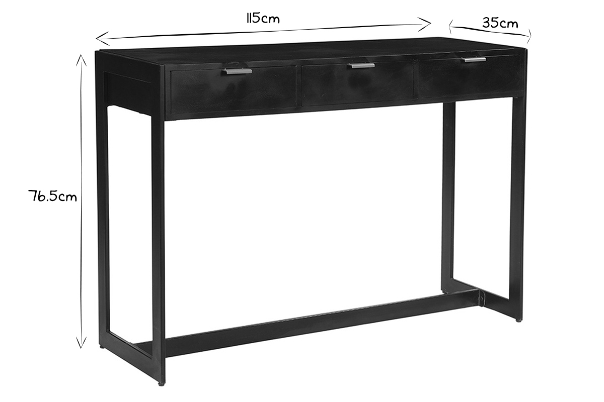 Console design avec rangements 3 tiroirs noire et mtal L115 cm AVIDAN