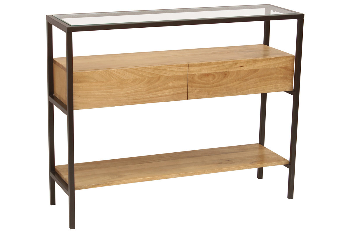 Console en bois manguier massif et plateau en verre 2 tiroirs L100 cm SITA