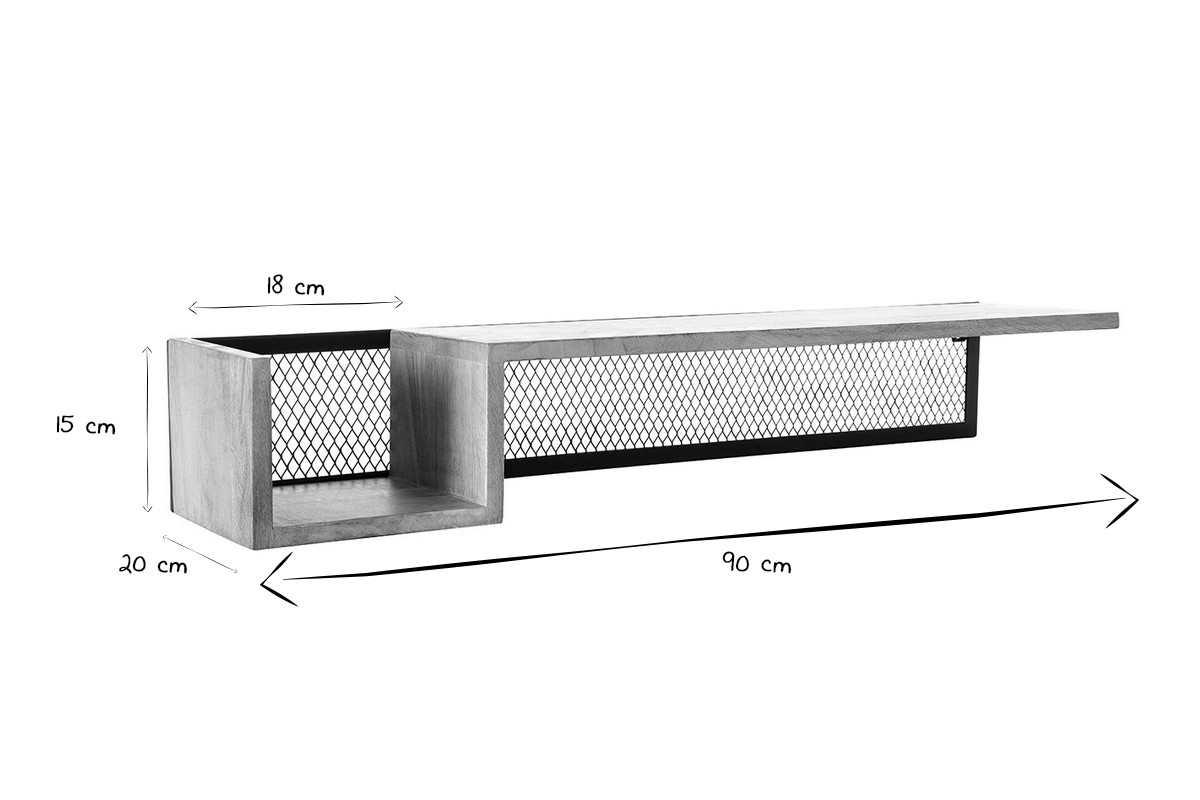 tagre murale industrielle en bois manguier massif et mtal noir L90 cm RACK