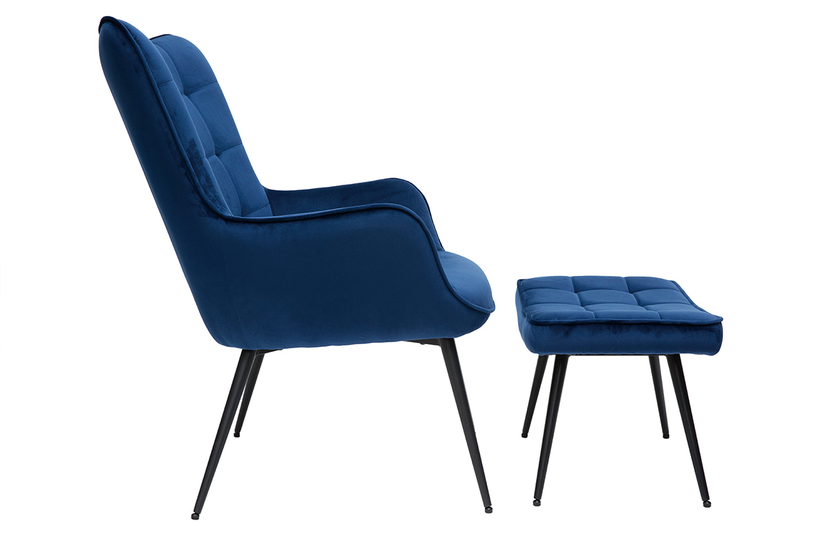 Fauteuil avec repose-pieds design en tissu velours bleu fonc et mtal noir MOOD