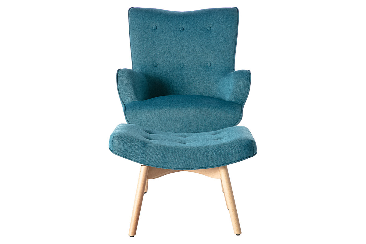 Fauteuil avec repose-pieds scandinave en tissu bleu canard et bois clair BRISTOL