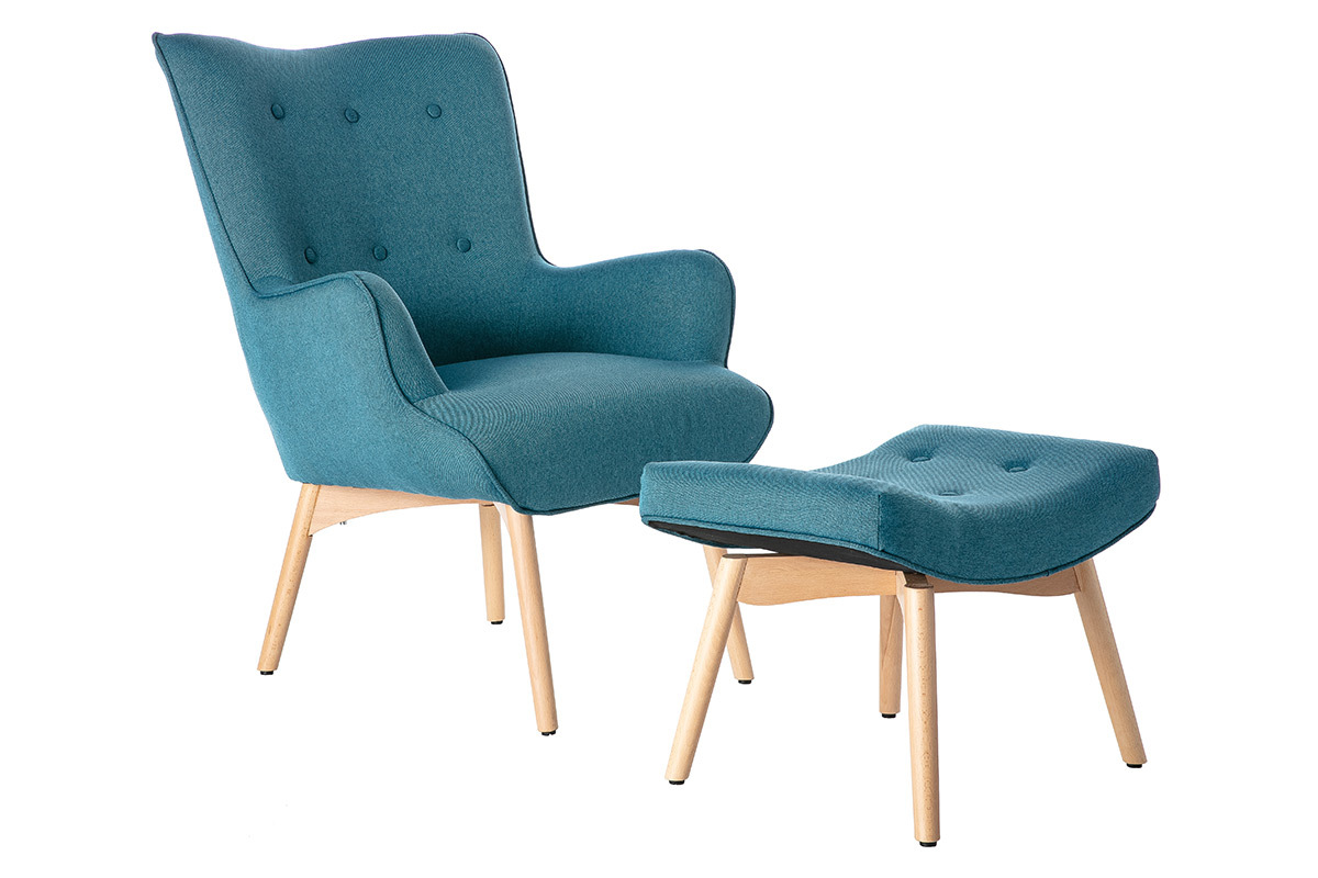 Fauteuil avec repose-pieds scandinave en tissu bleu canard et bois clair BRISTOL