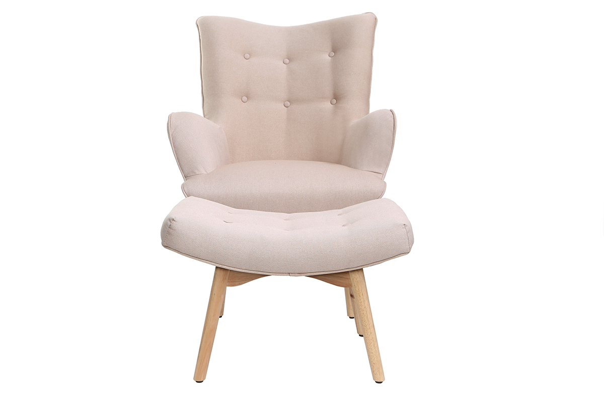 Fauteuil avec repose-pieds scandinave en tissu rose poudr et bois clair BRISTOL