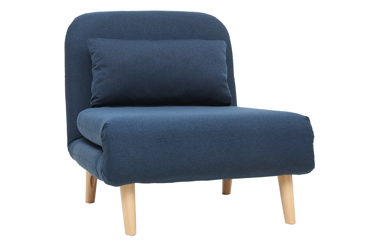 Fauteuil convertible scandinave en tissu bleu fonc et bois clair AMIKO