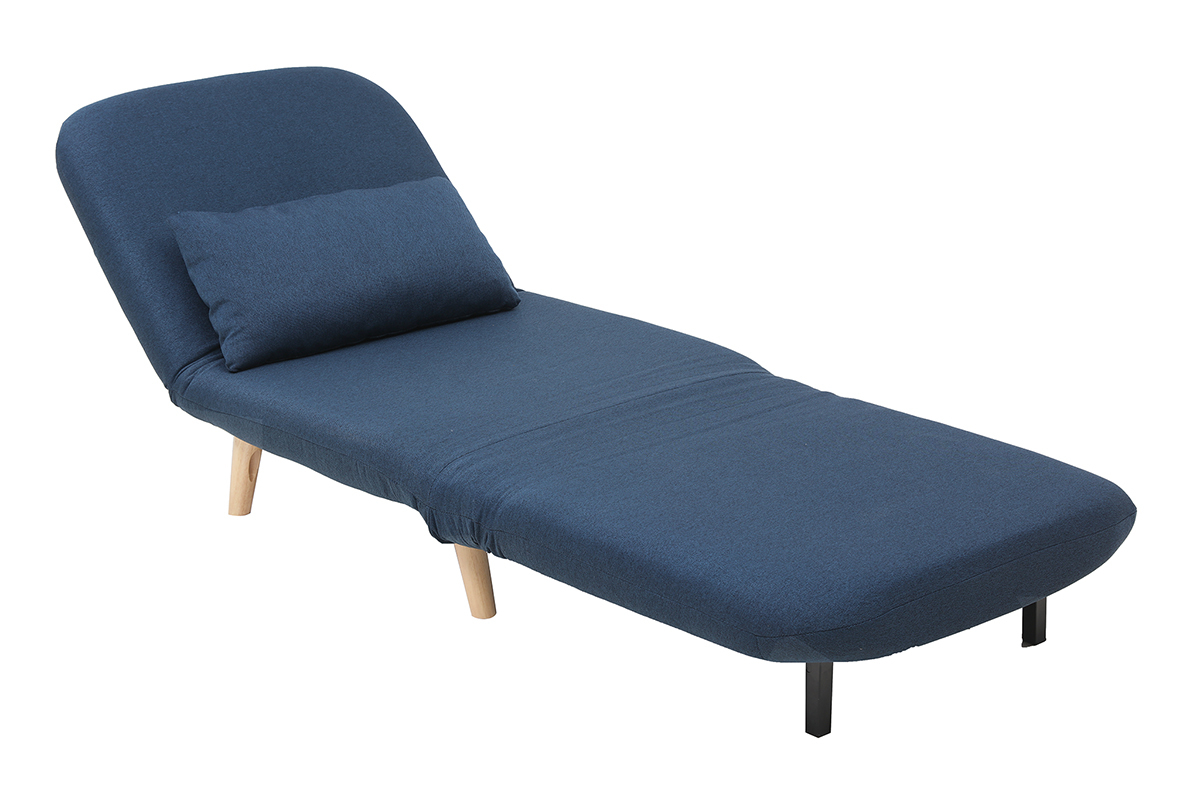 Fauteuil convertible scandinave en tissu bleu fonc et bois clair AMIKO