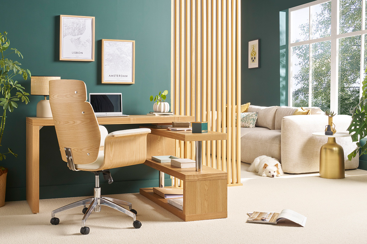 Fauteuil de bureau  roulettes design blanc, bois clair et acier chrom ELON