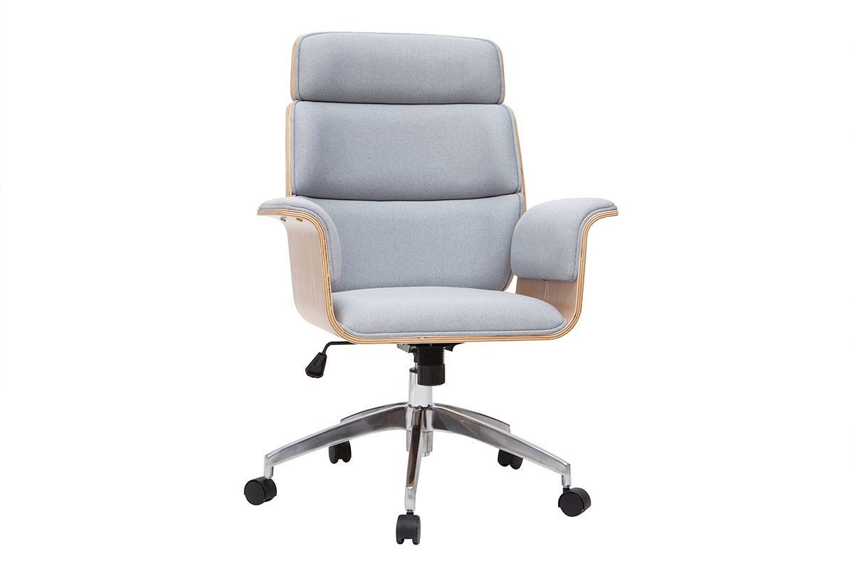 Fauteuil de bureau  roulettes design en tissu gris clair, bois clair et achier chrom ELON