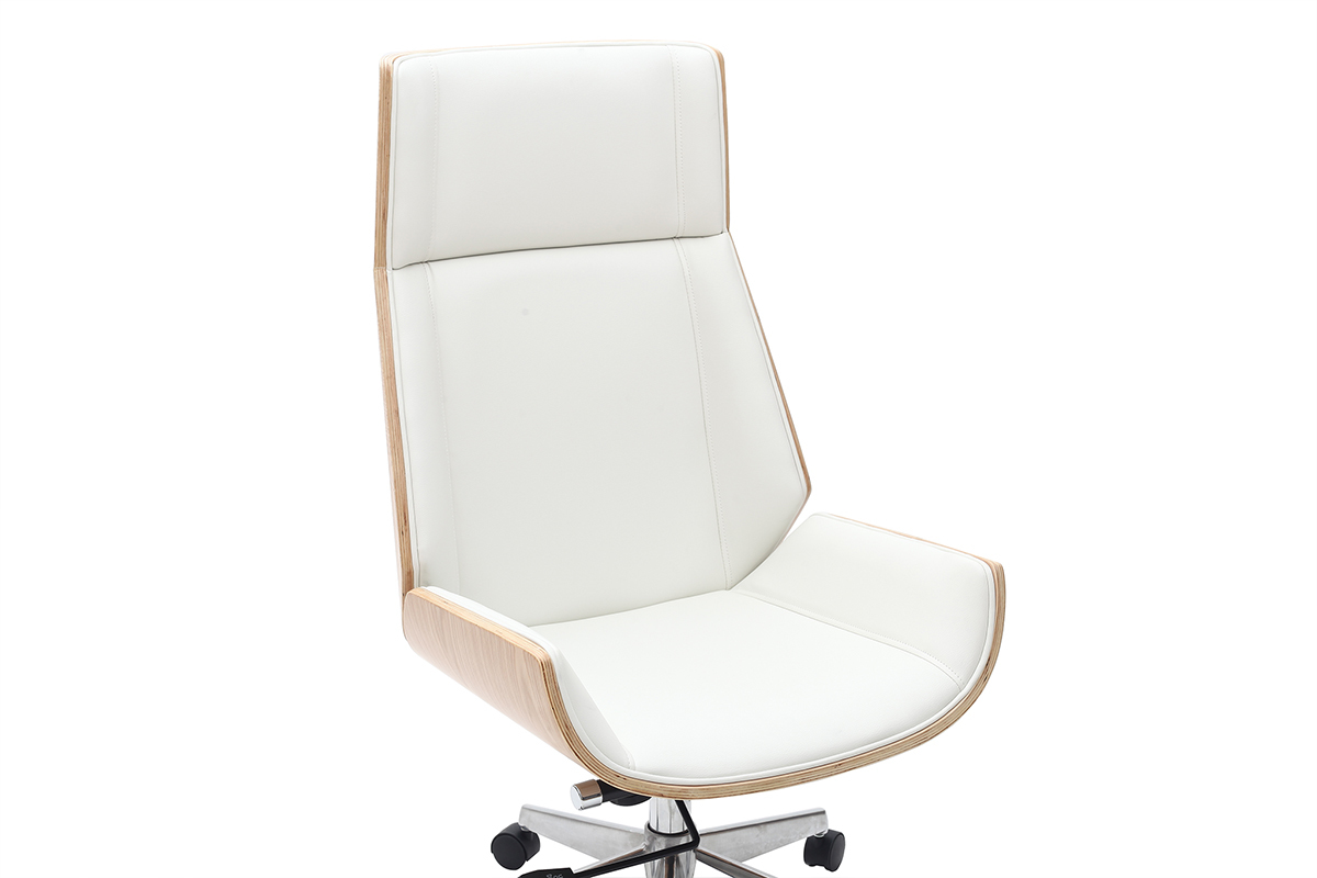 Fauteuil de bureau de direction design blanc, bois clair et acier chrom CURVED