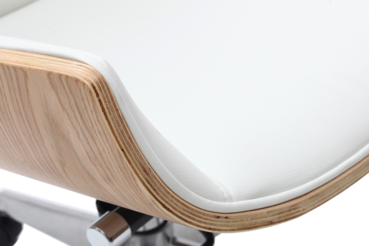 Fauteuil de bureau de direction design blanc, bois clair et acier chrom CURVED