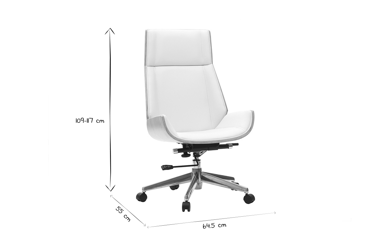 Fauteuil de bureau de direction design blanc, bois clair et acier chrom CURVED