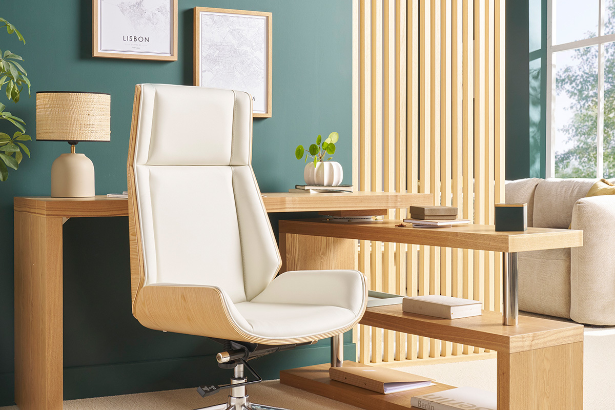 Fauteuil de bureau de direction design blanc, bois clair et acier chrom CURVED