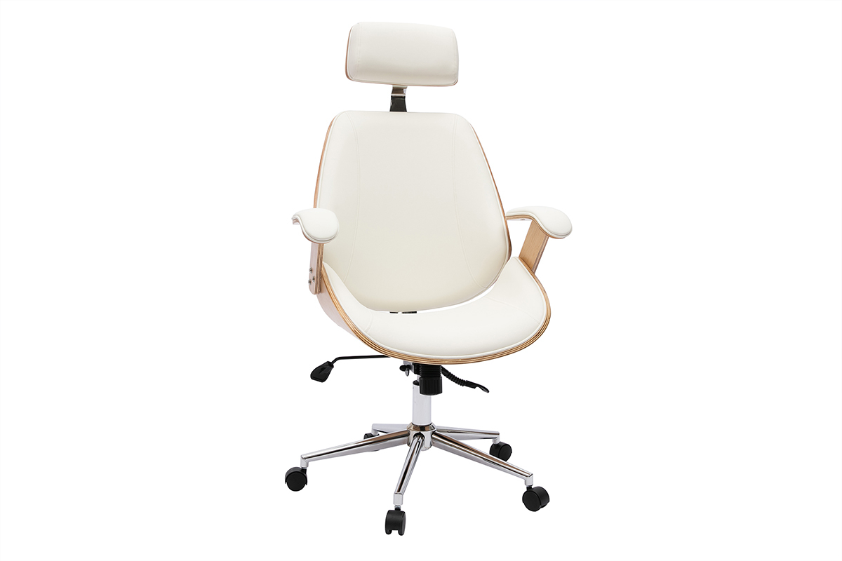 Fauteuil de bureau de direction design blanc, bois clair et acier chrom MUSK