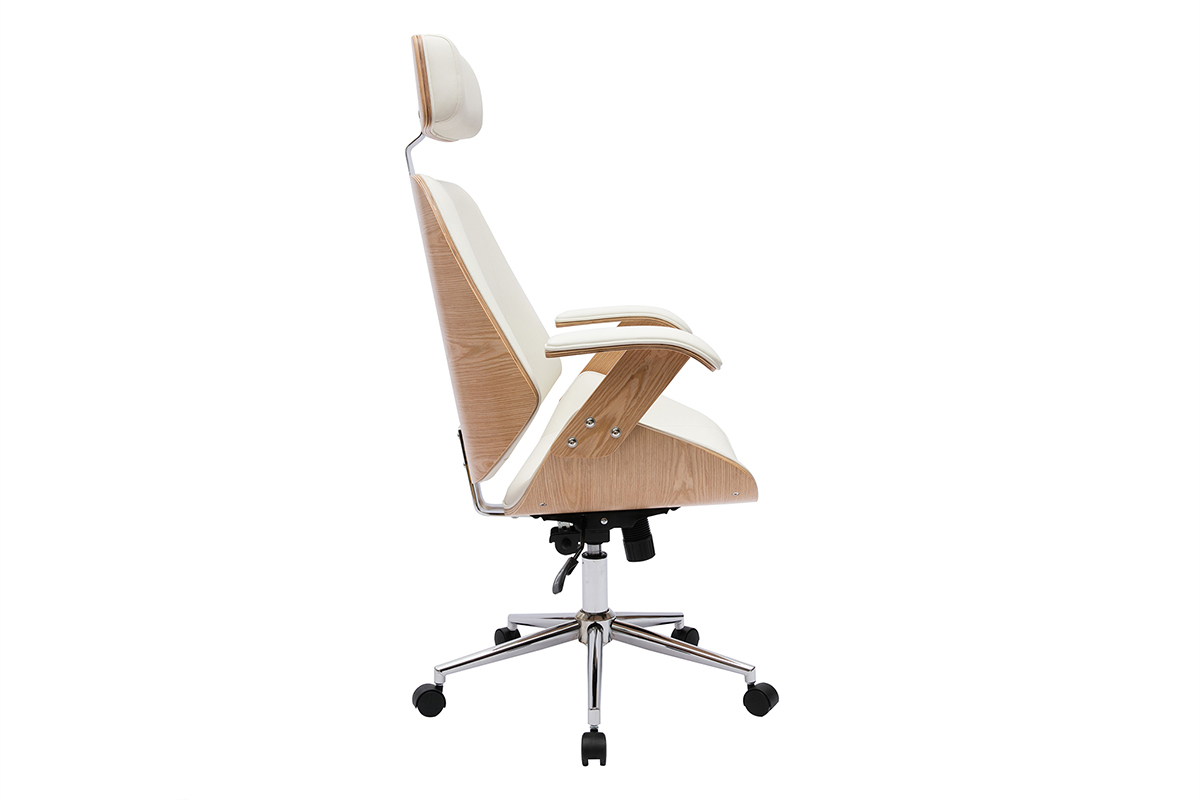 Fauteuil de bureau de direction design blanc, bois clair et acier chrom MUSK