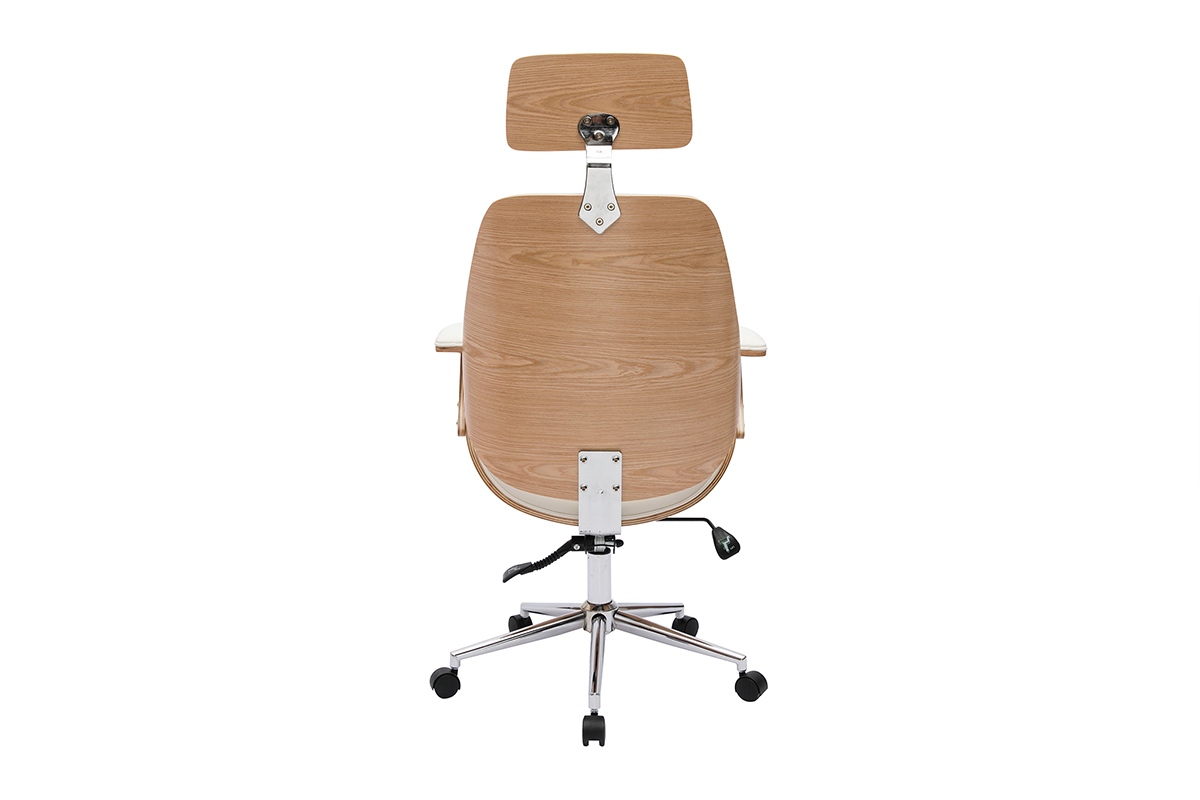 Fauteuil de bureau de direction design blanc, bois clair et acier chrom MUSK