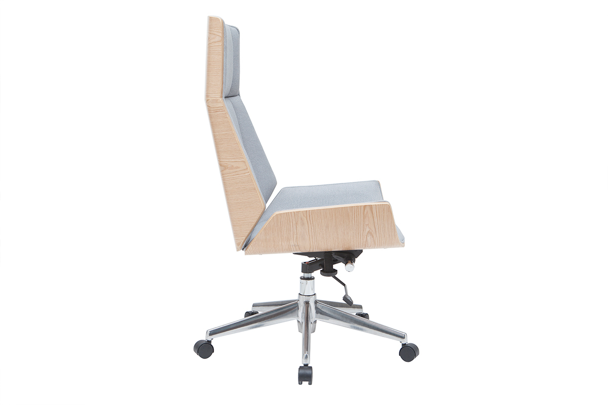 Fauteuil de bureau de direction design en tissu gris clair, bois clair et acier chrom CURVED