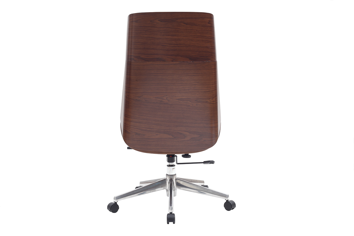 Fauteuil de bureau de direction design noir, bois fonc noyer et acier chrom CURVED