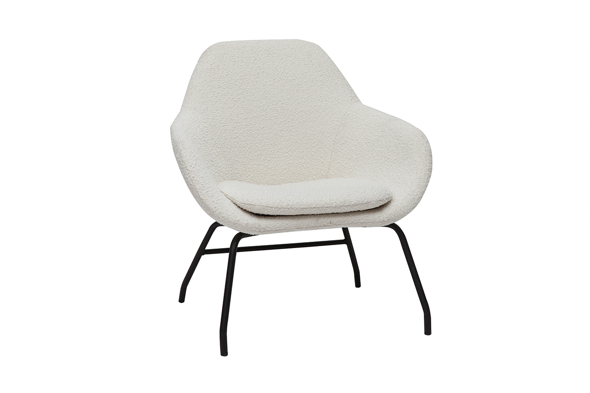 Fauteuil design en tissu effet laine boucle blanc cass et mtal noir MAYNE