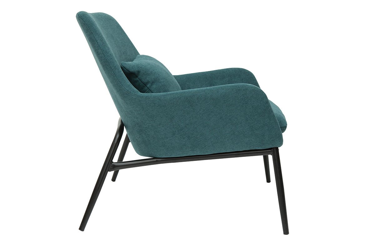 Fauteuil design en tissu effet velours bleu canard et mtal noir MAXINE