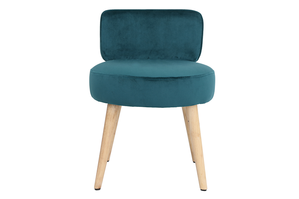 Fauteuil design en tissu velours bleu canard et bois clair TANAKA