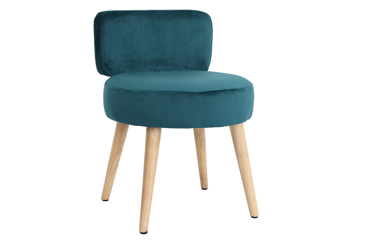 Fauteuil design en tissu velours bleu canard et bois clair TANAKA