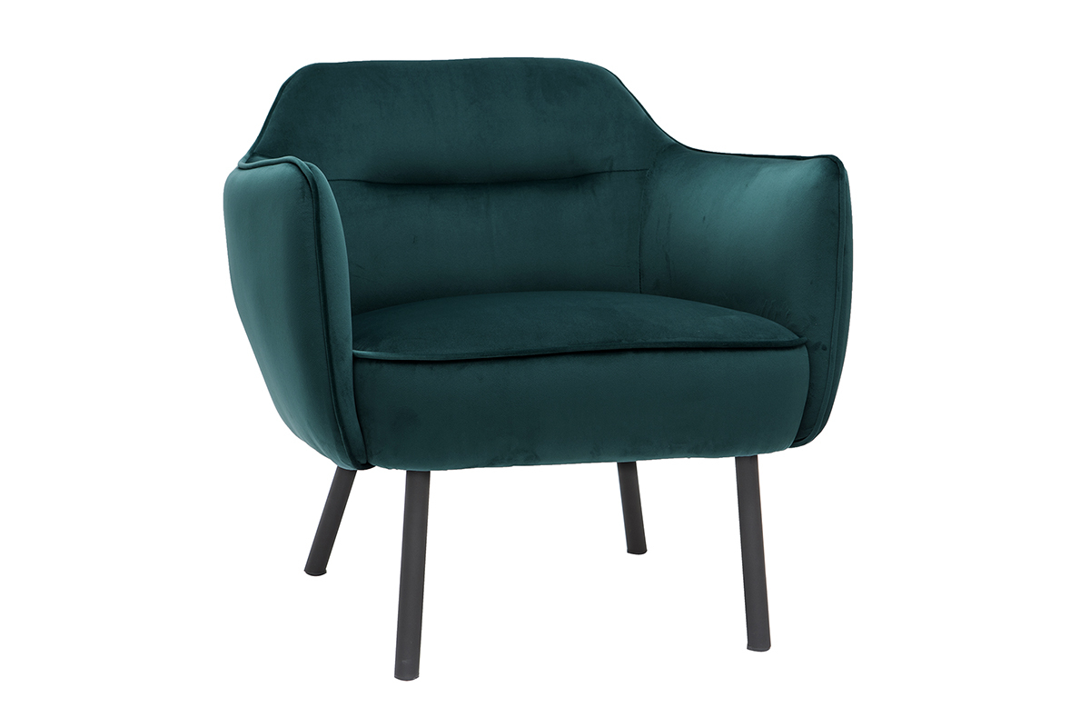 Fauteuil design en tissu velours bleu ptrole et mtal noir LAURENS