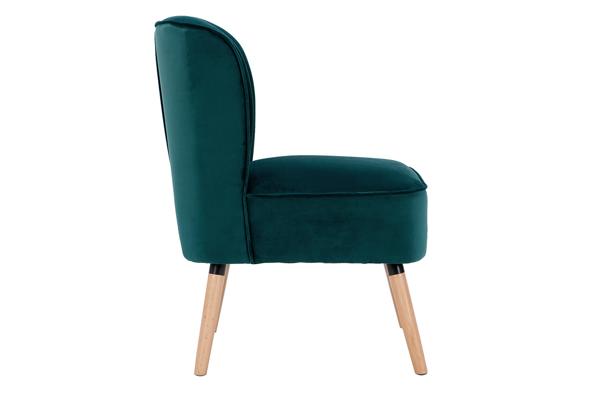 Fauteuil en tissu velours bleu ptrole et bois clair KAHLO