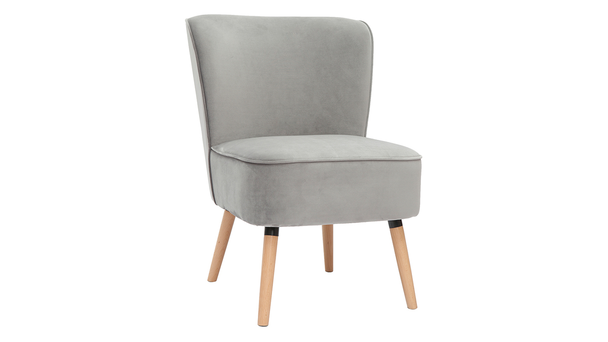 Fauteuil en tissu velours gris clair et bois clair KAHLO