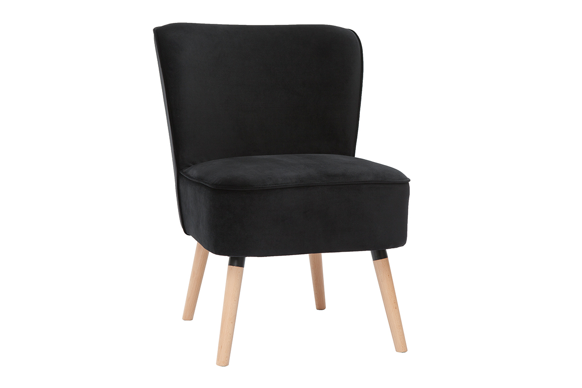 Fauteuil en tissu velours noir et bois clair KAHLO